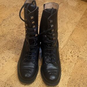 CHANEL Black Leather Lace-Up Boots